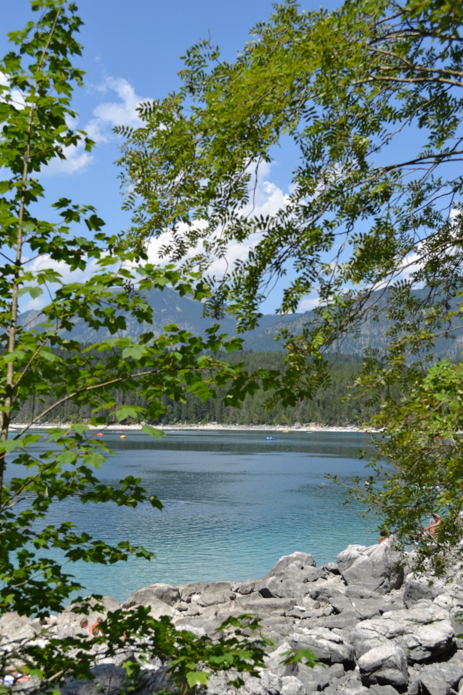Eibsee and its rocky shore framed by green leaves