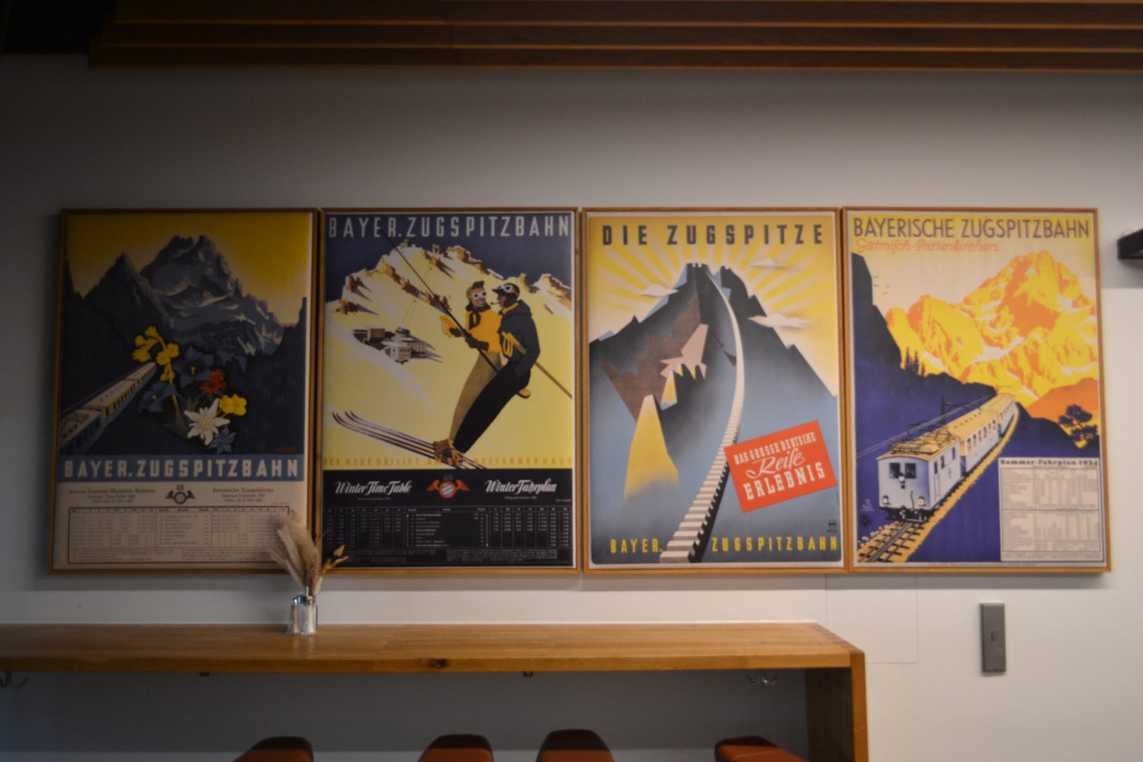 Vintage Zugspitzbahn travel posters on a wall